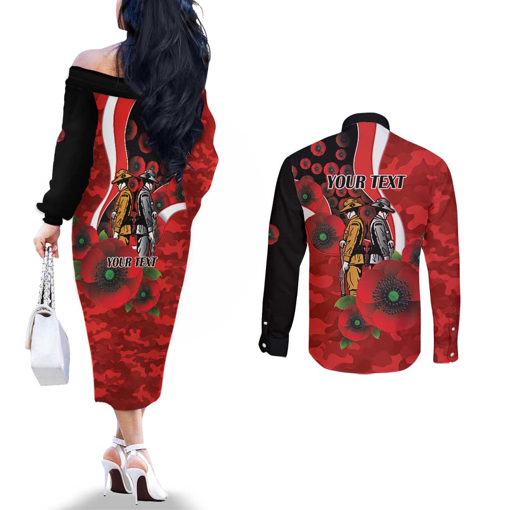 Sydney Swans ANZAC Personalised Couples Matching Off The Shoulder Long Sleeve Dress and Long Sleeve Button Shirt Lest We Forget Poppy Camo