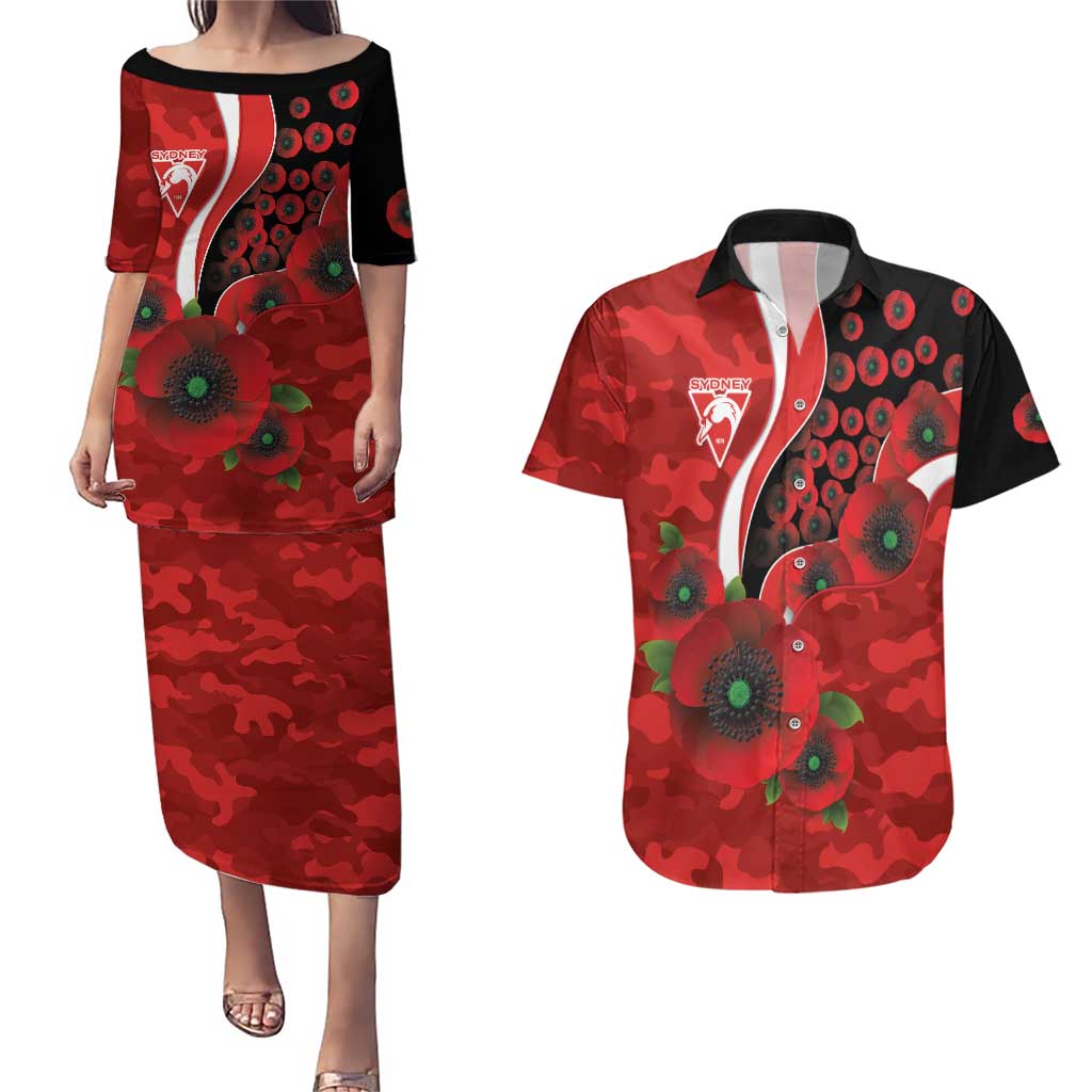 Sydney Swans ANZAC Personalised Couples Matching Puletasi and Hawaiian Shirt Lest We Forget Poppy Camo
