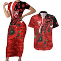 Sydney Swans ANZAC Personalised Couples Matching Short Sleeve Bodycon Dress and Hawaiian Shirt Lest We Forget Poppy Camo