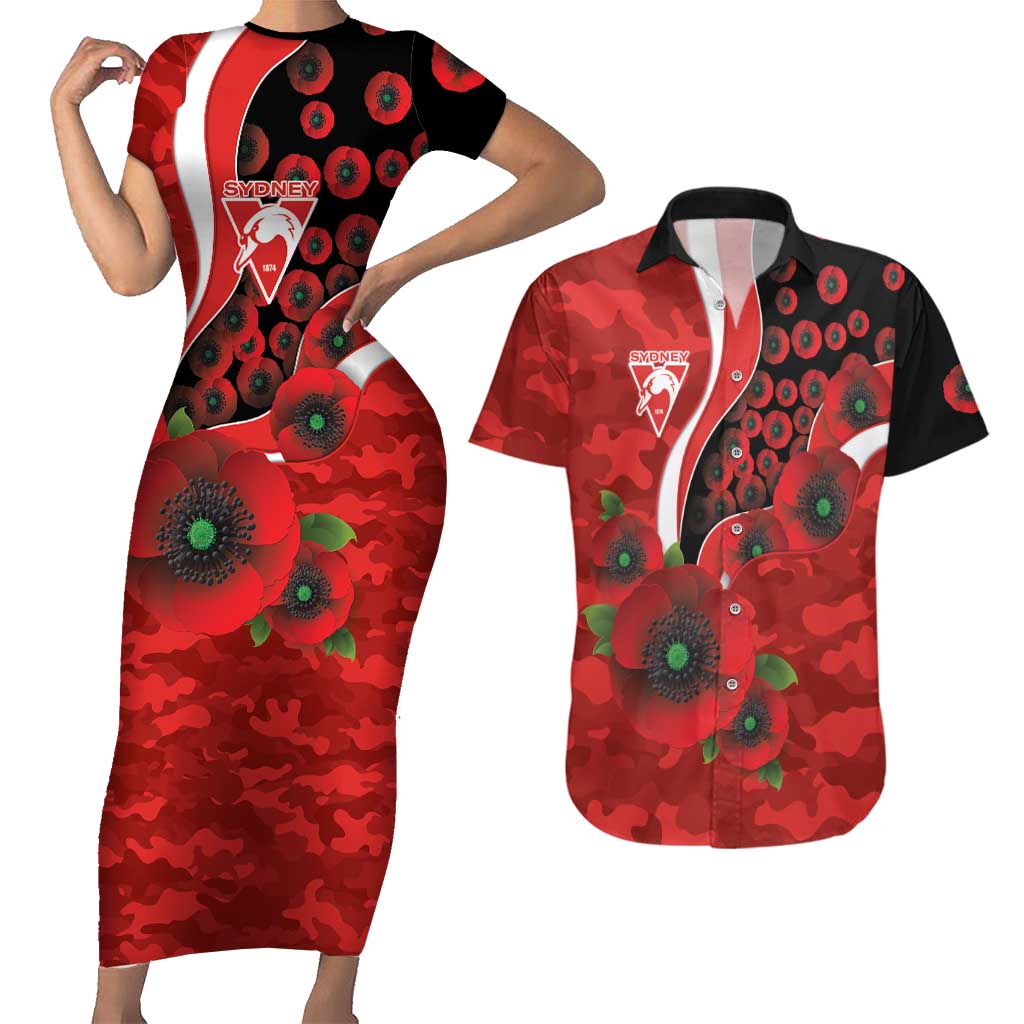 Sydney Swans ANZAC Personalised Couples Matching Short Sleeve Bodycon Dress and Hawaiian Shirt Lest We Forget Poppy Camo