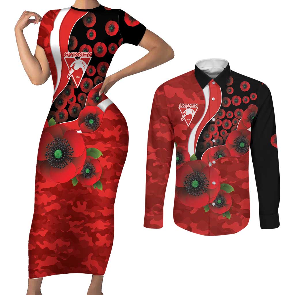 Sydney Swans ANZAC Personalised Couples Matching Short Sleeve Bodycon Dress and Long Sleeve Button Shirt Lest We Forget Poppy Camo