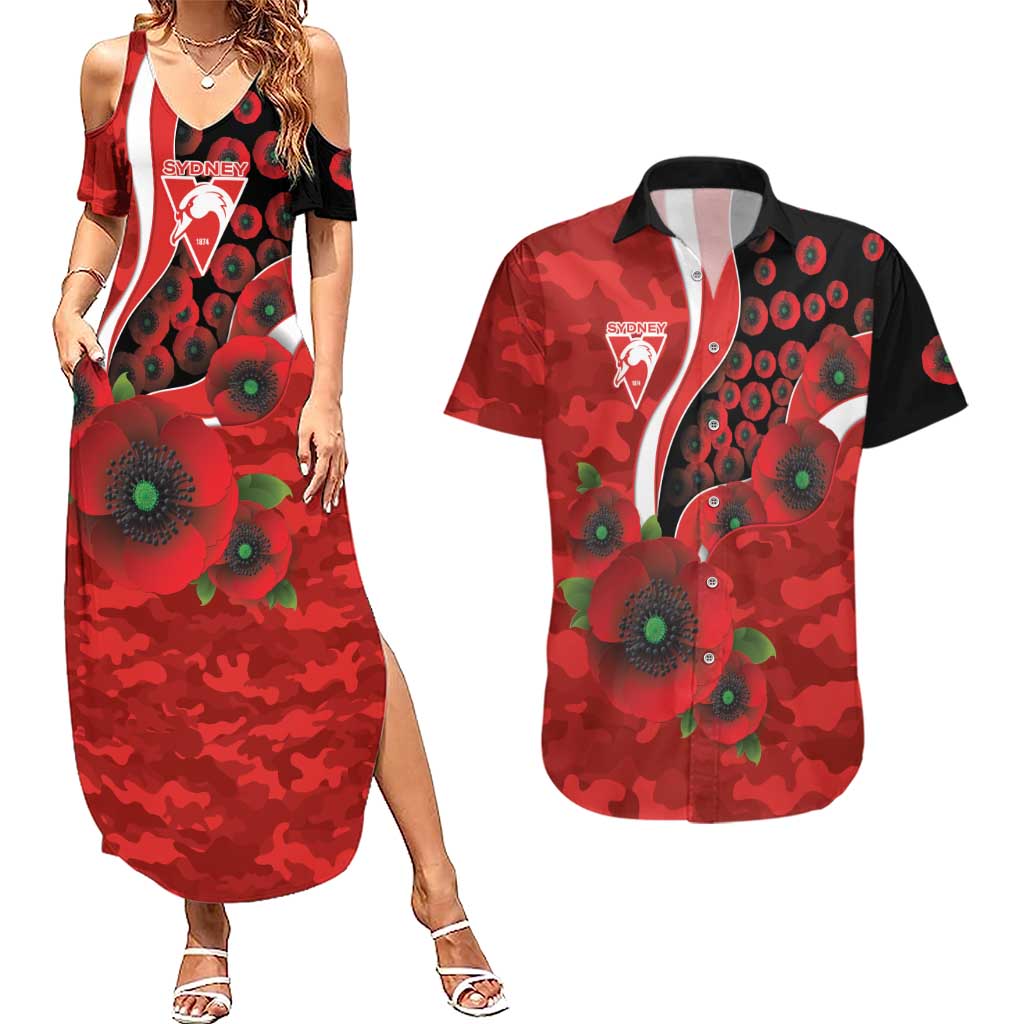 Sydney Swans ANZAC Personalised Couples Matching Summer Maxi Dress and Hawaiian Shirt Lest We Forget Poppy Camo
