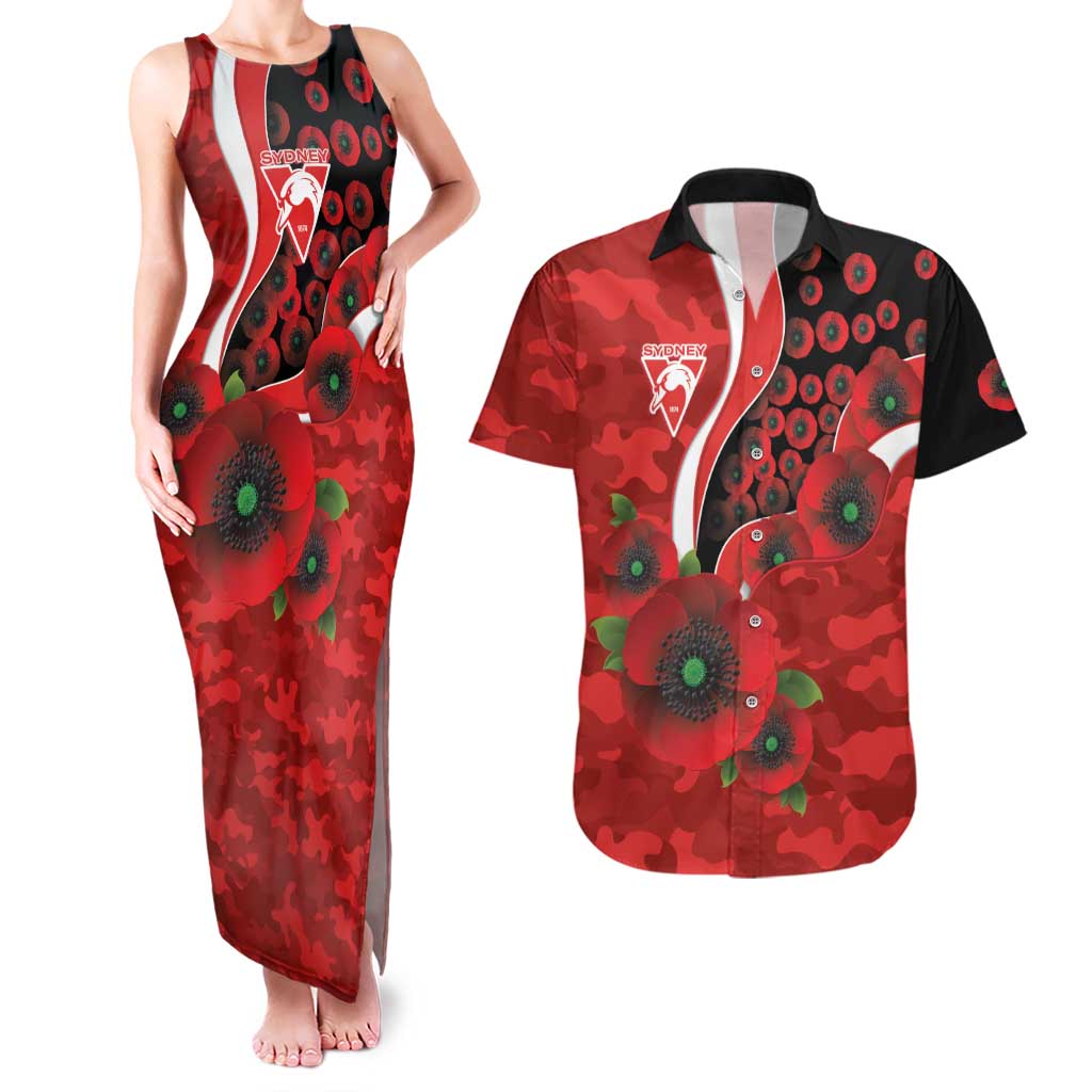 Sydney Swans ANZAC Personalised Couples Matching Tank Maxi Dress and Hawaiian Shirt Lest We Forget Poppy Camo