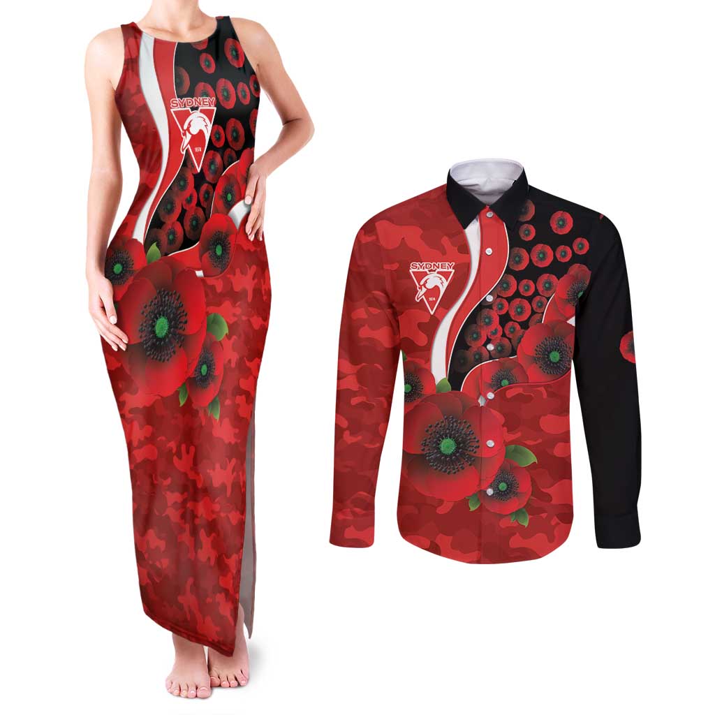Sydney Swans ANZAC Personalised Couples Matching Tank Maxi Dress and Long Sleeve Button Shirt Lest We Forget Poppy Camo