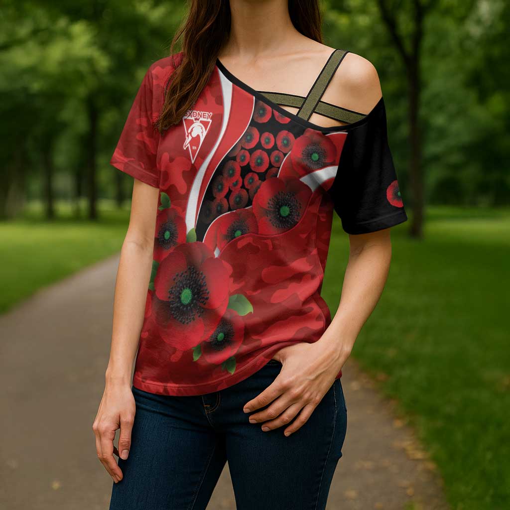 Sydney Swans ANZAC Personalised Cross Shoulder Shirt Lest We Forget Poppy Camo