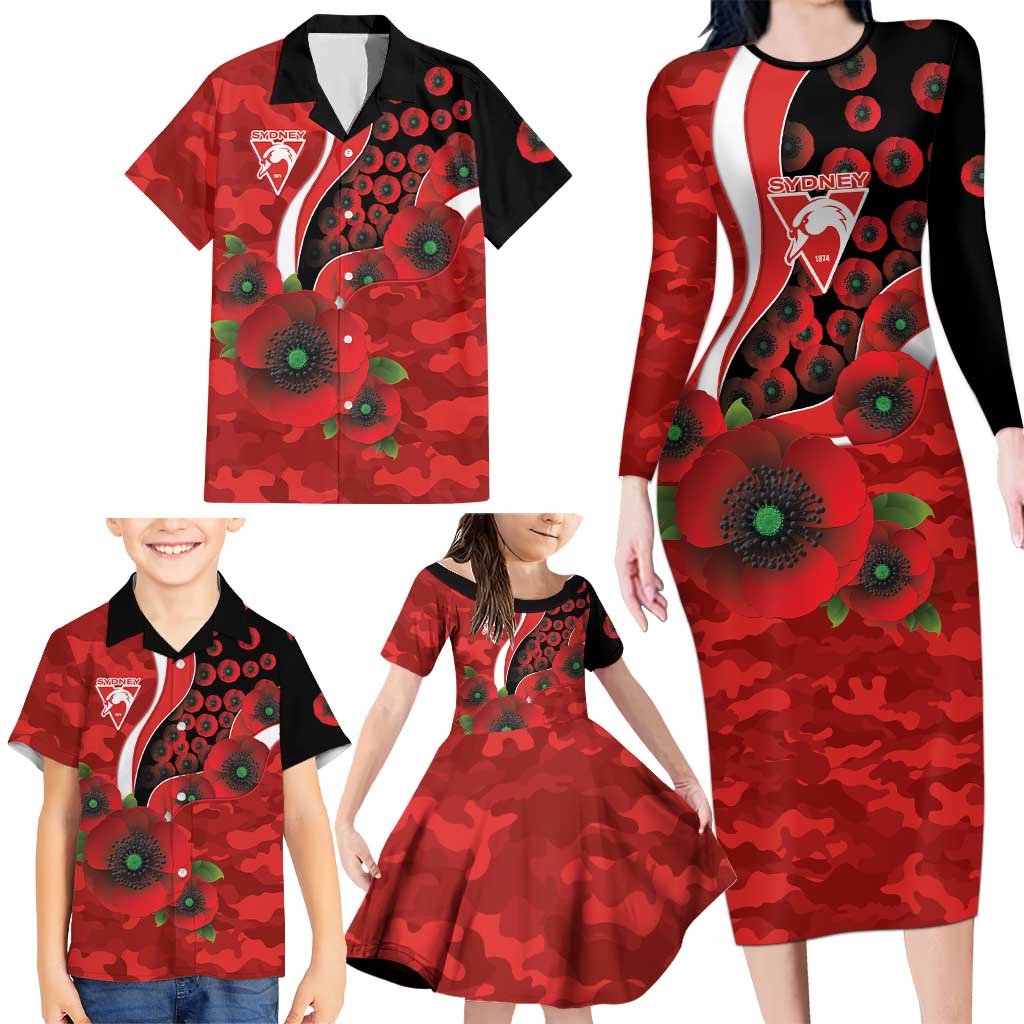Sydney Swans ANZAC Personalised Family Matching Long Sleeve Bodycon Dress and Hawaiian Shirt Lest We Forget Poppy Camo