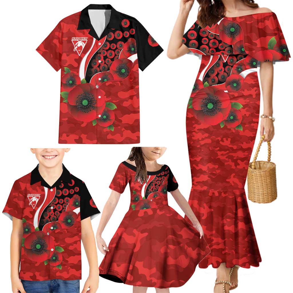 Sydney Swans ANZAC Personalised Family Matching Mermaid Dress and Hawaiian Shirt Lest We Forget Poppy Camo