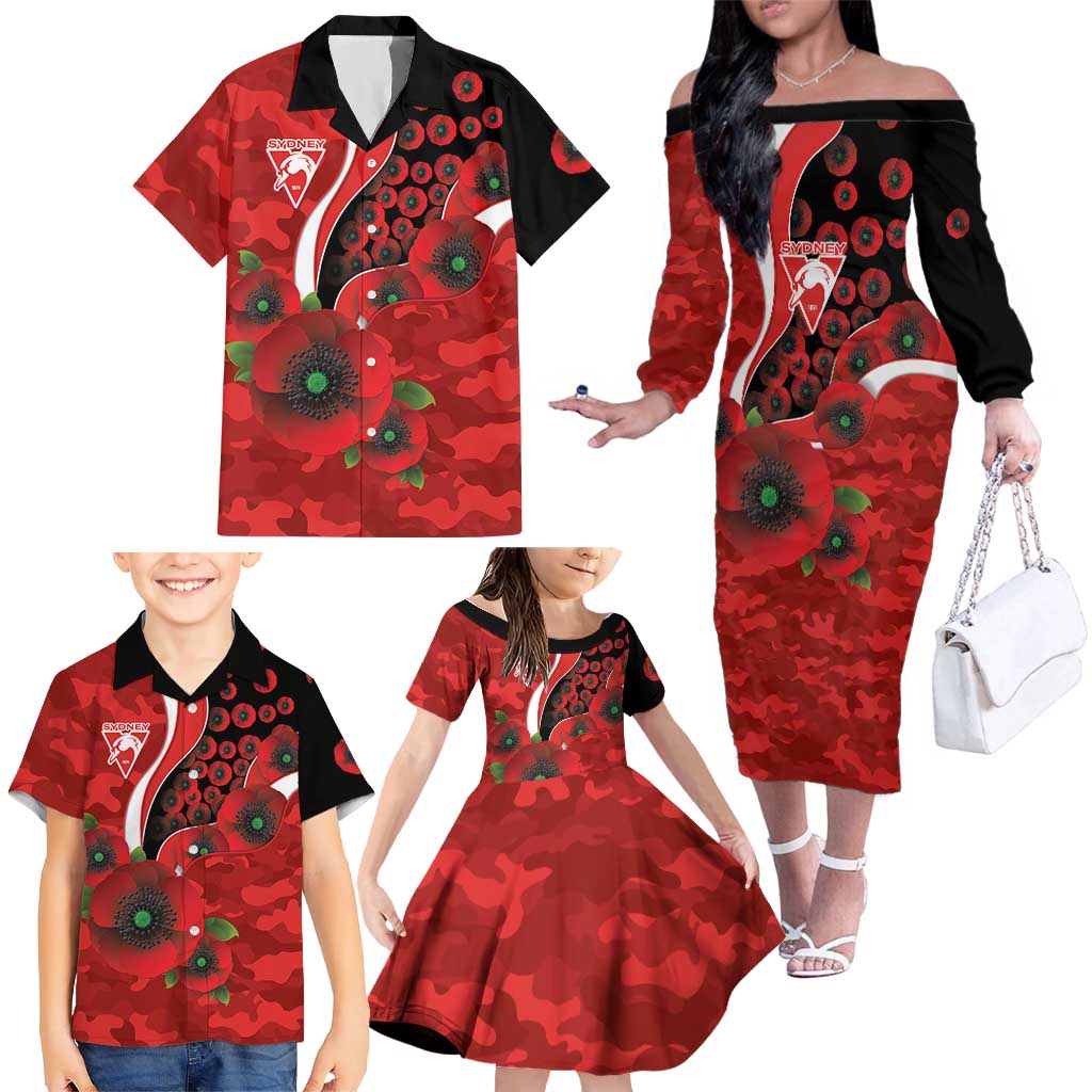 Sydney Swans ANZAC Personalised Family Matching Off The Shoulder Long Sleeve Dress and Hawaiian Shirt Lest We Forget Poppy Camo