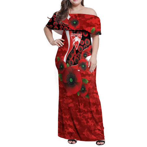 Sydney Swans ANZAC Personalised Family Matching Off Shoulder Maxi Dress and Hawaiian Shirt Lest We Forget Poppy Camo