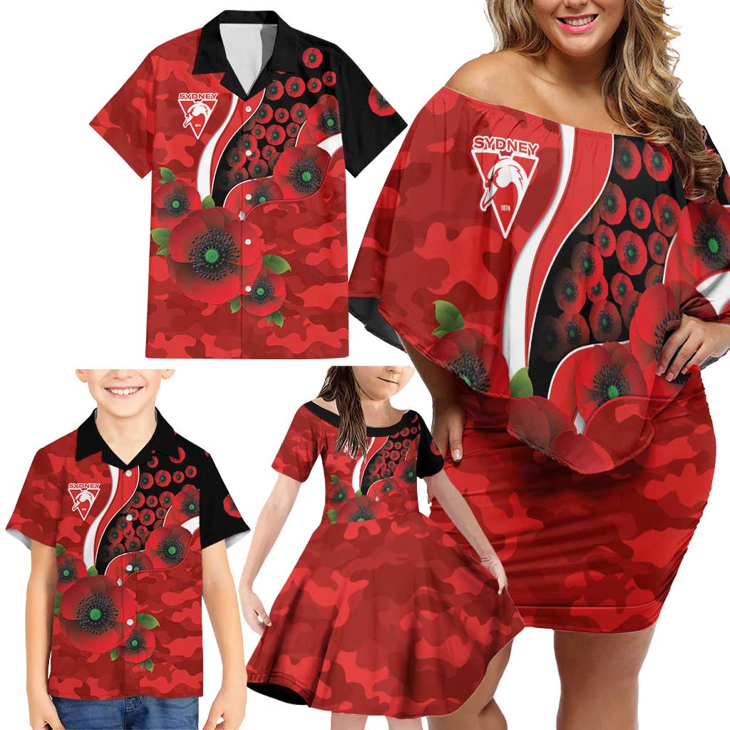 Sydney Swans ANZAC Personalised Family Matching Off Shoulder Short Dress and Hawaiian Shirt Lest We Forget Poppy Camo