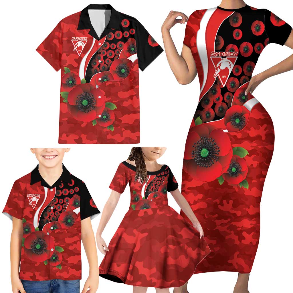 Sydney Swans ANZAC Personalised Family Matching Short Sleeve Bodycon Dress and Hawaiian Shirt Lest We Forget Poppy Camo