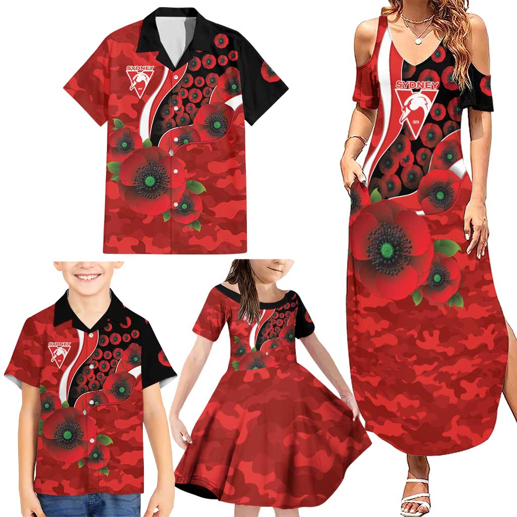 Sydney Swans ANZAC Personalised Family Matching Summer Maxi Dress and Hawaiian Shirt Lest We Forget Poppy Camo