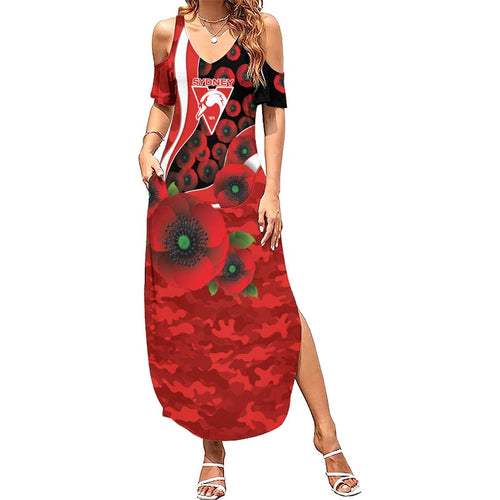 Sydney Swans ANZAC Personalised Family Matching Summer Maxi Dress and Hawaiian Shirt Lest We Forget Poppy Camo