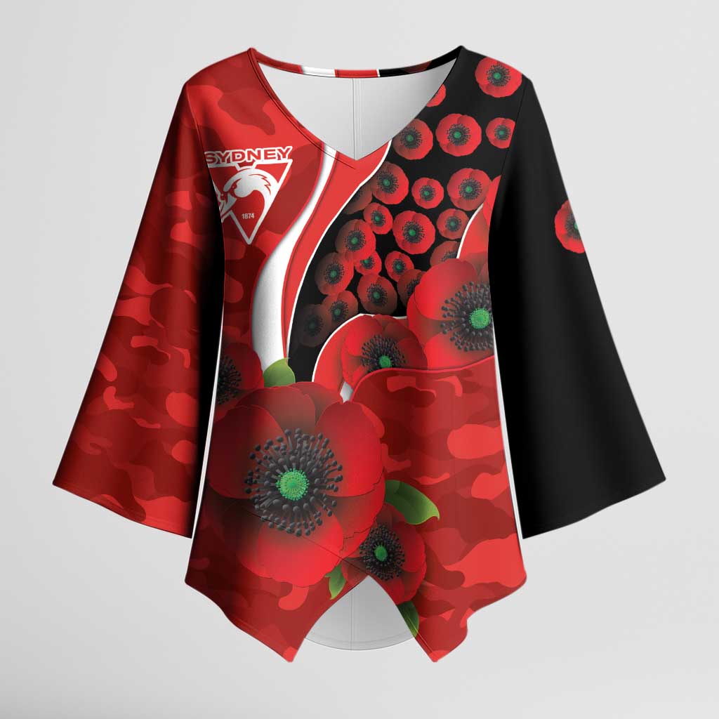 Sydney Swans ANZAC Personalised Kimono Sleeve Blouse Lest We Forget Poppy Camo