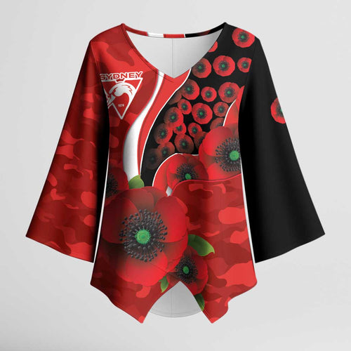 Sydney Swans ANZAC Personalised Kimono Sleeve Blouse Lest We Forget Poppy Camo
