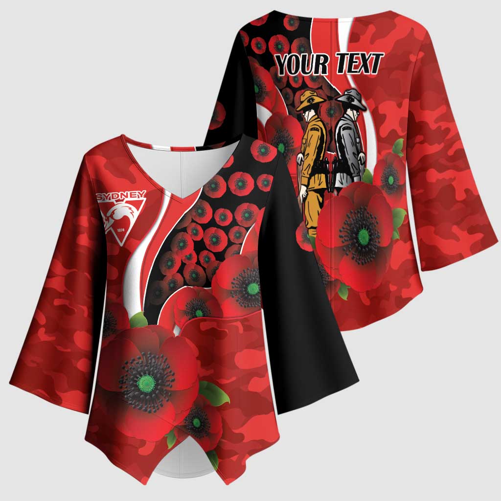 Sydney Swans ANZAC Personalised Kimono Sleeve Blouse Lest We Forget Poppy Camo