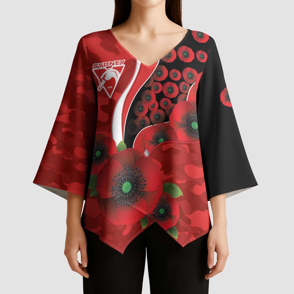 Sydney Swans ANZAC Personalised Kimono Sleeve Blouse Lest We Forget Poppy Camo