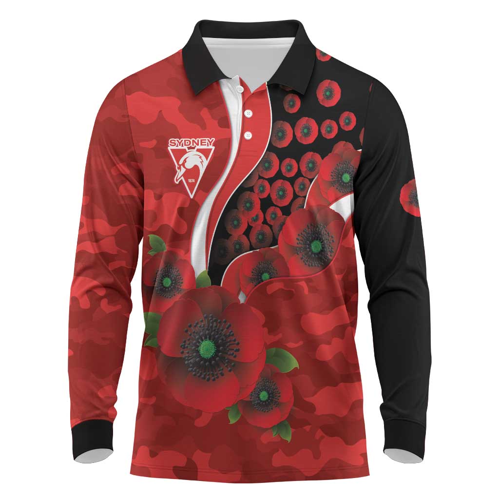 Sydney Swans ANZAC Personalised Long Sleeve Polo Shirt Lest We Forget Poppy Camo