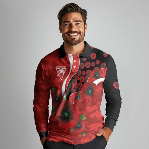 Sydney Swans ANZAC Personalised Long Sleeve Polo Shirt Lest We Forget Poppy Camo