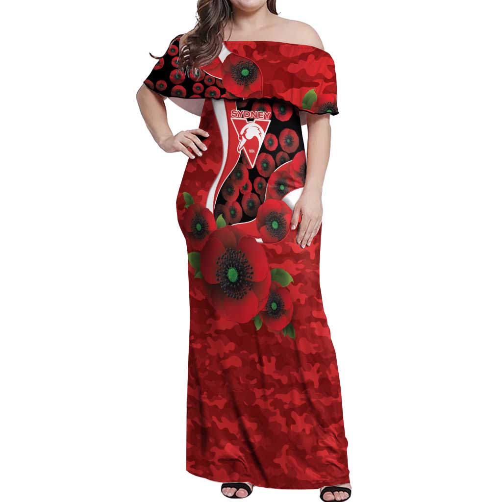 Sydney Swans ANZAC Personalised Off Shoulder Maxi Dress Lest We Forget Poppy Camo