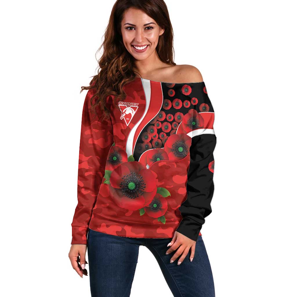 Sydney Swans ANZAC Personalised Off Shoulder Sweater Lest We Forget Poppy Camo