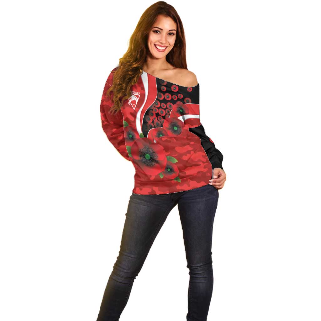 Sydney Swans ANZAC Personalised Off Shoulder Sweater Lest We Forget Poppy Camo