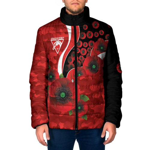 Sydney Swans ANZAC Personalised Padded Jacket Lest We Forget Poppy Camo