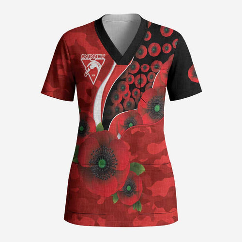 Sydney Swans ANZAC Personalised Scrub Top Lest We Forget Poppy Camo