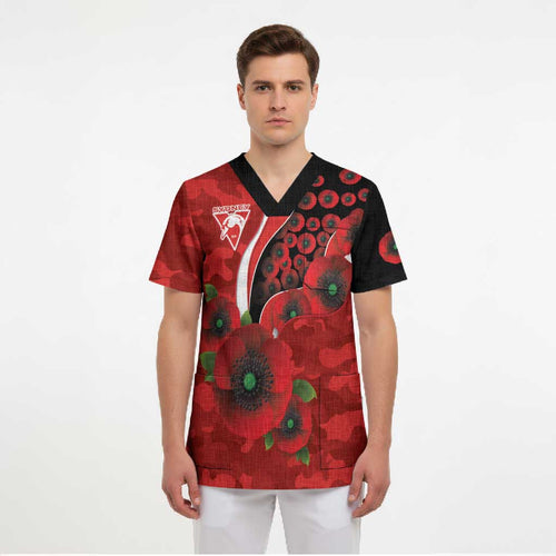 Sydney Swans ANZAC Personalised Scrub Top Lest We Forget Poppy Camo