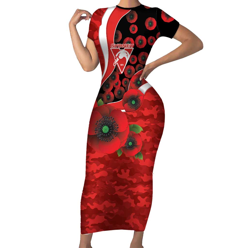 Sydney Swans ANZAC Personalised Short Sleeve Bodycon Dress Lest We Forget Poppy Camo