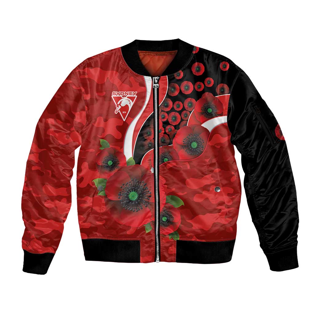 Sydney Swans ANZAC Personalised Sleeve Zip Bomber Jacket Lest We Forget Poppy Camo