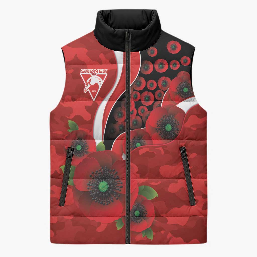 Sydney Swans ANZAC Personalised Sleeveless Puffer Jacket Lest We Forget Poppy Camo