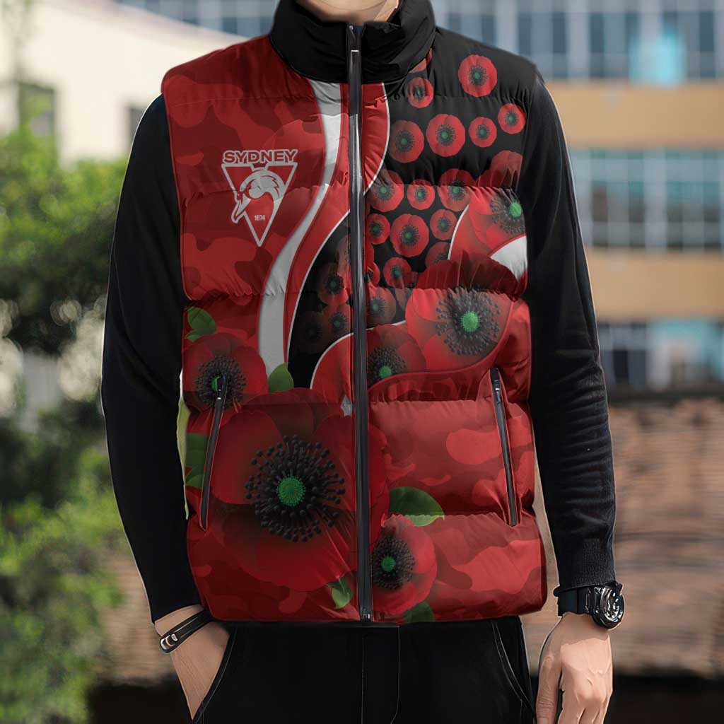 Sydney Swans ANZAC Personalised Sleeveless Puffer Jacket Lest We Forget Poppy Camo