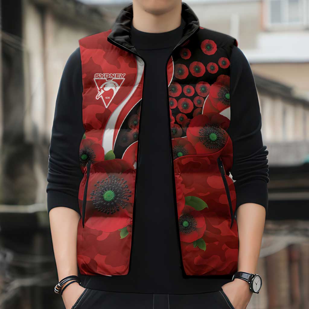 Sydney Swans ANZAC Personalised Sleeveless Puffer Jacket Lest We Forget Poppy Camo