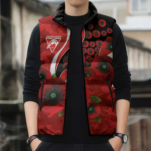 Sydney Swans ANZAC Personalised Sleeveless Puffer Jacket Lest We Forget Poppy Camo