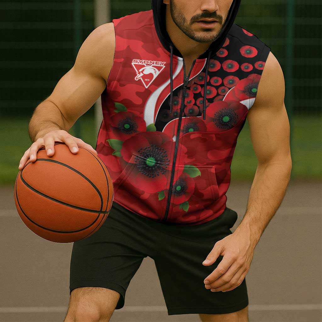 Sydney Swans ANZAC Personalised Sleeveless Zip Hoodie Lest We Forget Poppy Camo