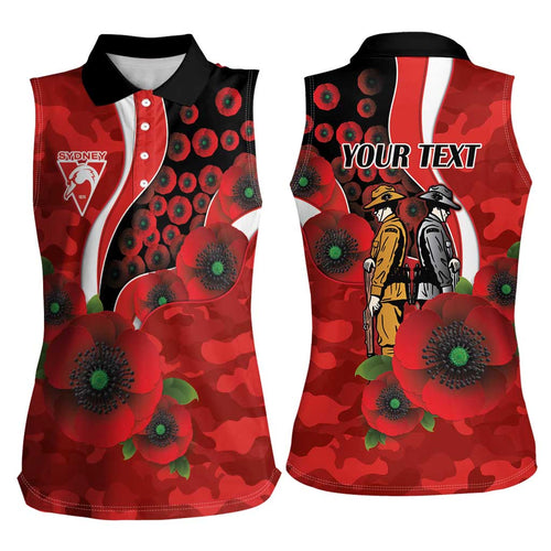 Sydney Swans ANZAC Personalised Women Sleeveless Polo Shirt Lest We Forget Poppy Camo