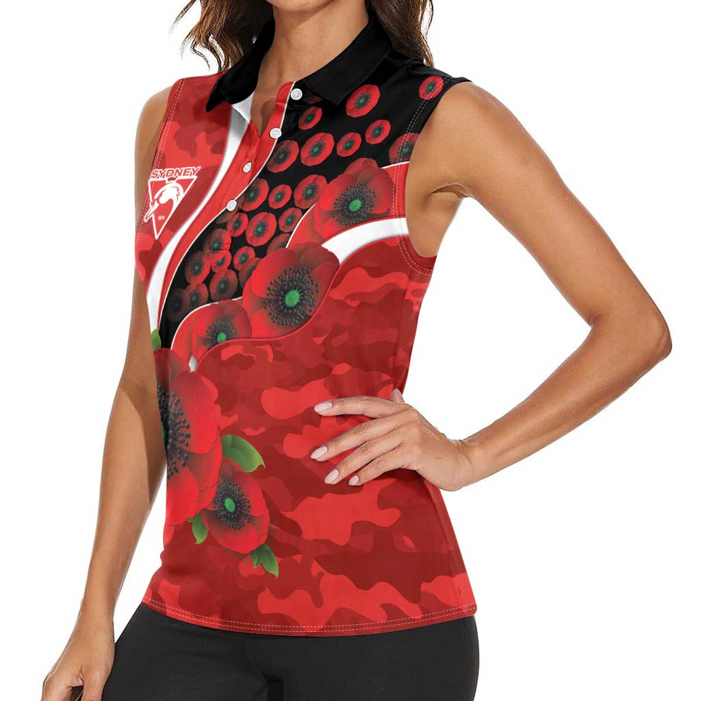 Sydney Swans ANZAC Personalised Women Sleeveless Polo Shirt Lest We Forget Poppy Camo