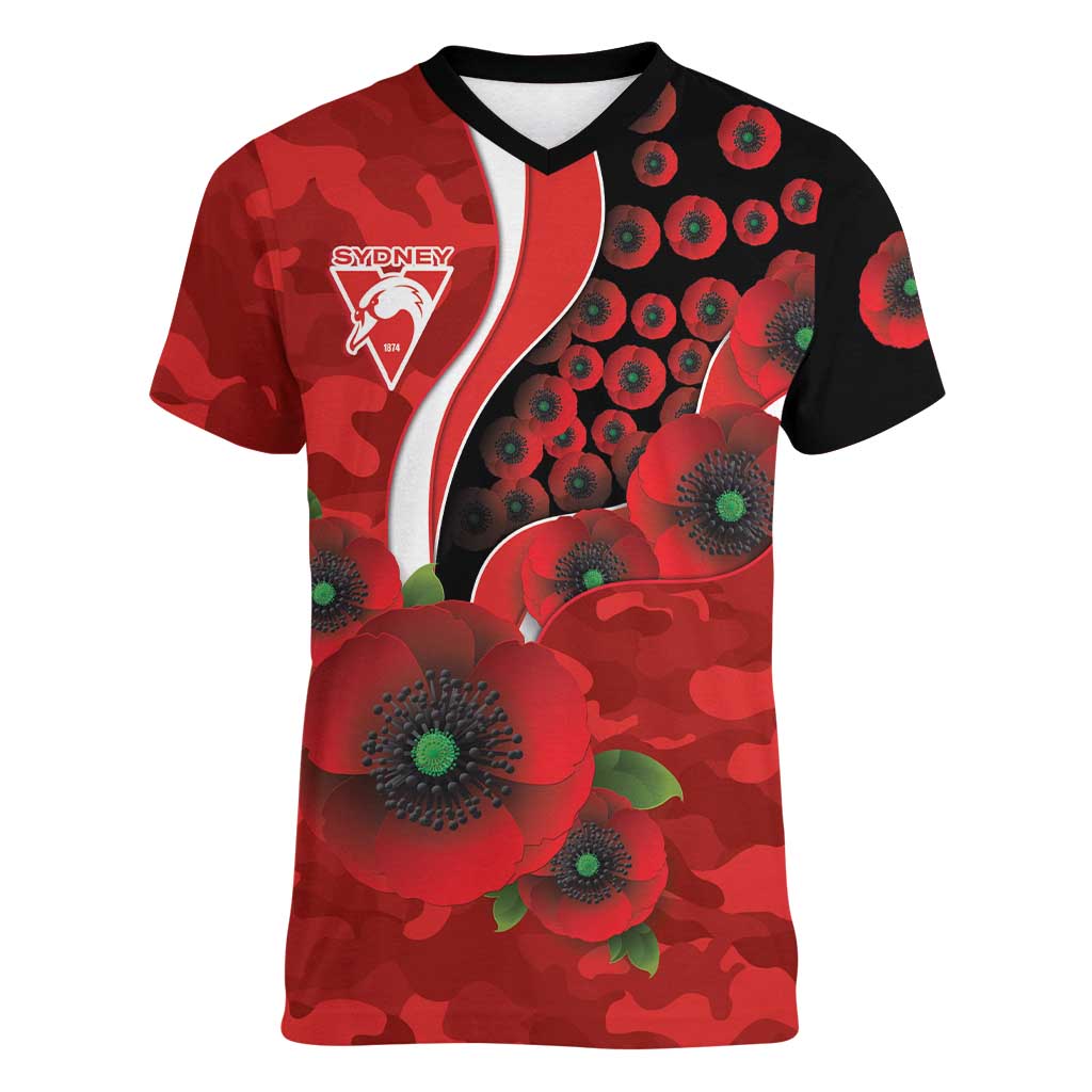 Sydney Swans ANZAC Personalised Women V-Neck T-Shirt Lest We Forget Poppy Camo