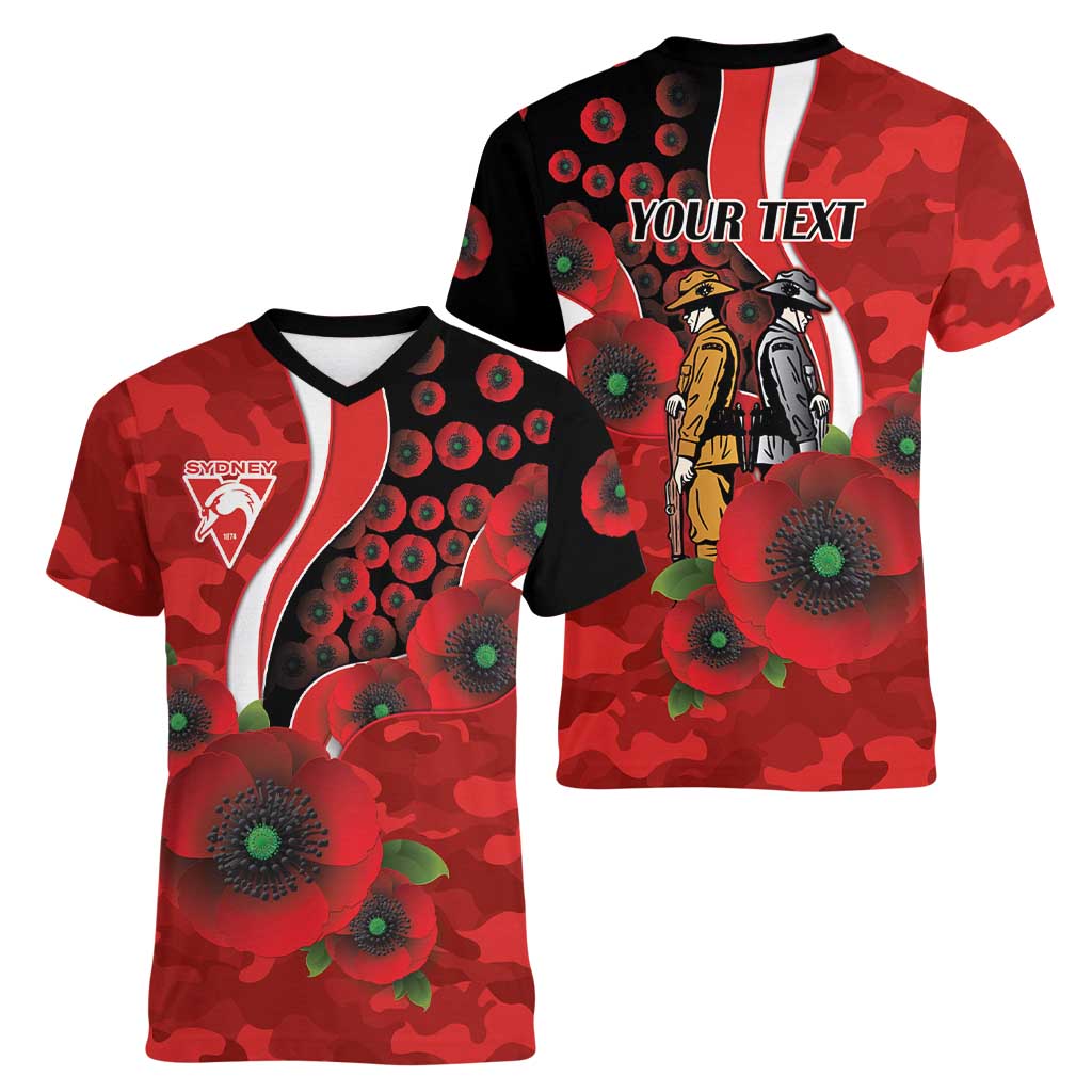 Sydney Swans ANZAC Personalised Women V-Neck T-Shirt Lest We Forget Poppy Camo