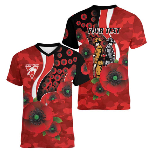 Sydney Swans ANZAC Personalised Women V-Neck T-Shirt Lest We Forget Poppy Camo