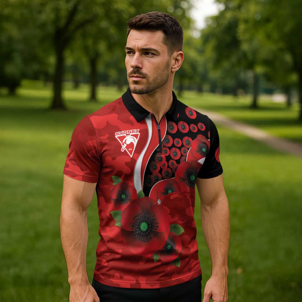 Sydney Swans ANZAC Personalised Zipper Polo Shirt Lest We Forget Poppy Camo