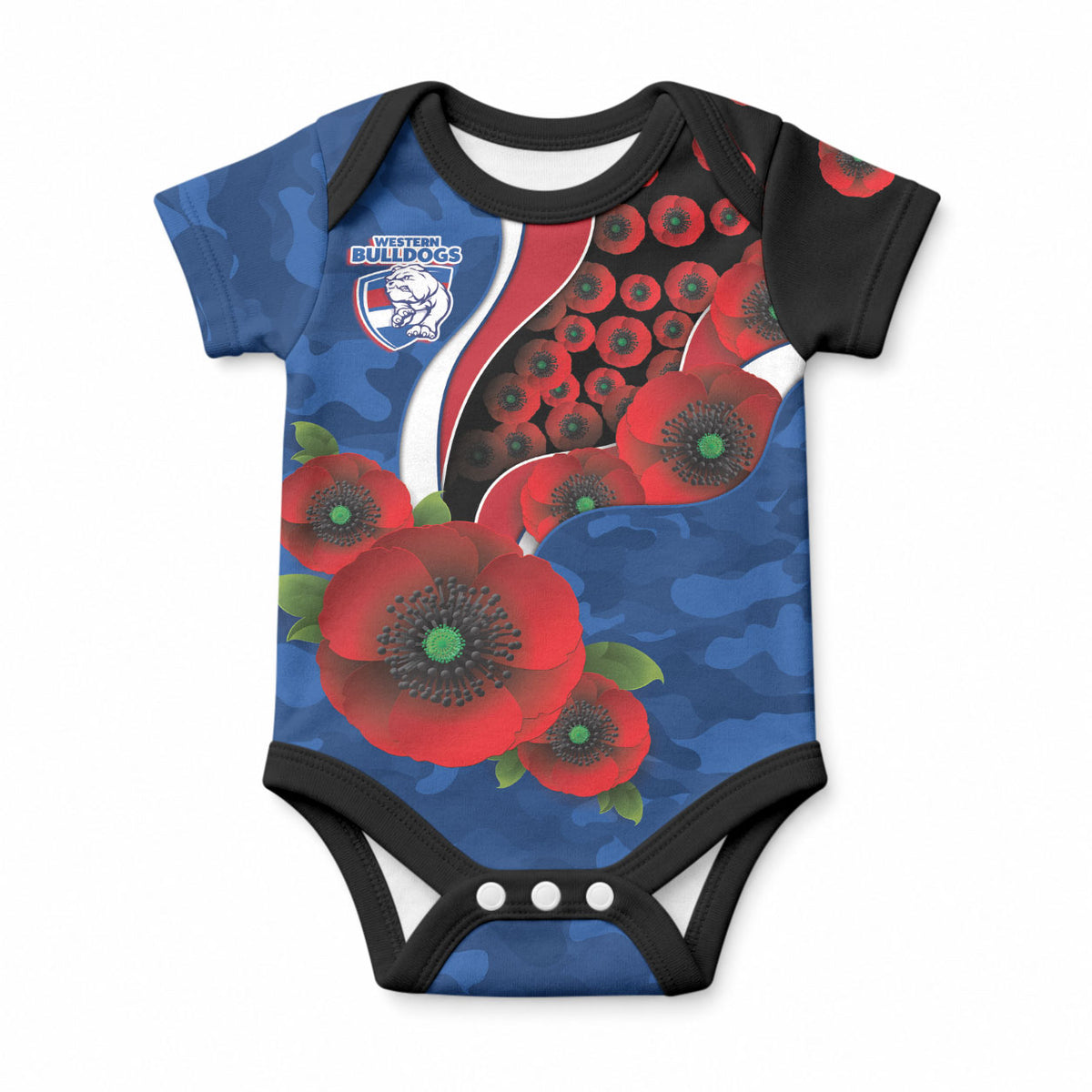 Western Bulldogs ANZAC Personalised Baby Onesie Lest We Forget Poppy Camo