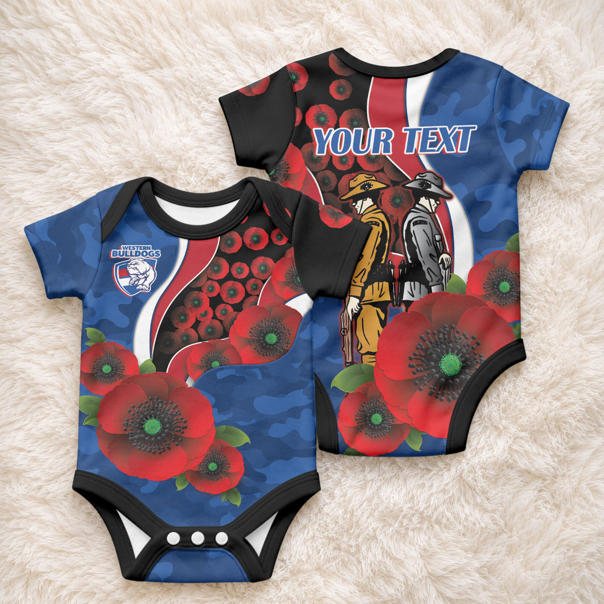 Western Bulldogs ANZAC Personalised Baby Onesie Lest We Forget Poppy Camo