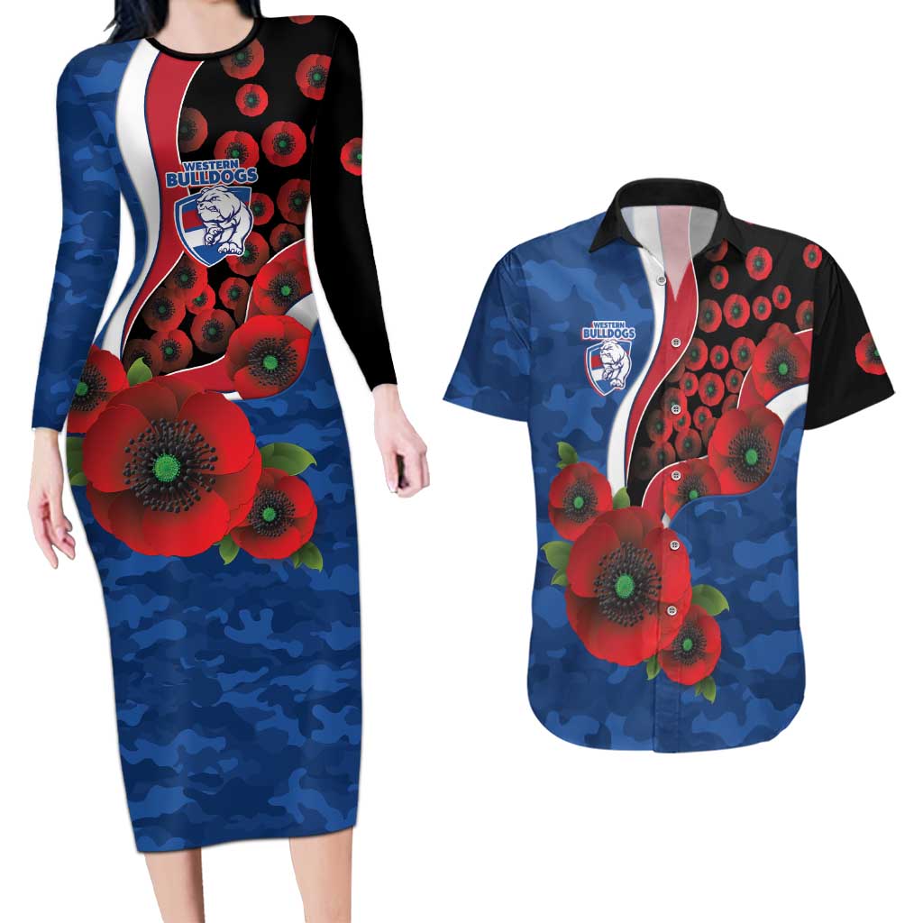 Western Bulldogs ANZAC Personalised Couples Matching Long Sleeve Bodycon Dress and Hawaiian Shirt Lest We Forget Poppy Camo