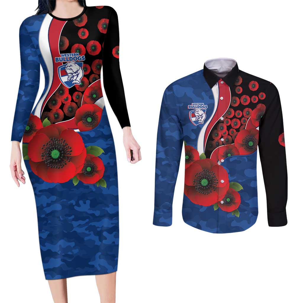 Western Bulldogs ANZAC Personalised Couples Matching Long Sleeve Bodycon Dress and Long Sleeve Button Shirt Lest We Forget Poppy Camo