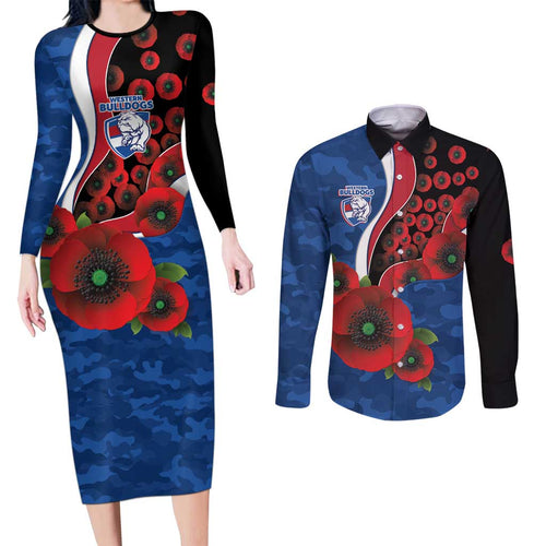 Western Bulldogs ANZAC Personalised Couples Matching Long Sleeve Bodycon Dress and Long Sleeve Button Shirt Lest We Forget Poppy Camo