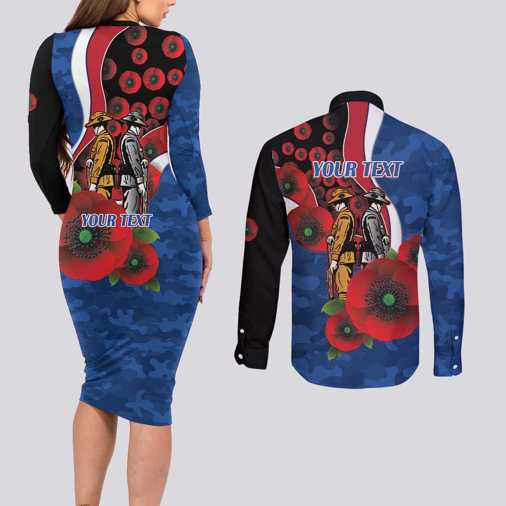 Western Bulldogs ANZAC Personalised Couples Matching Long Sleeve Bodycon Dress and Long Sleeve Button Shirt Lest We Forget Poppy Camo