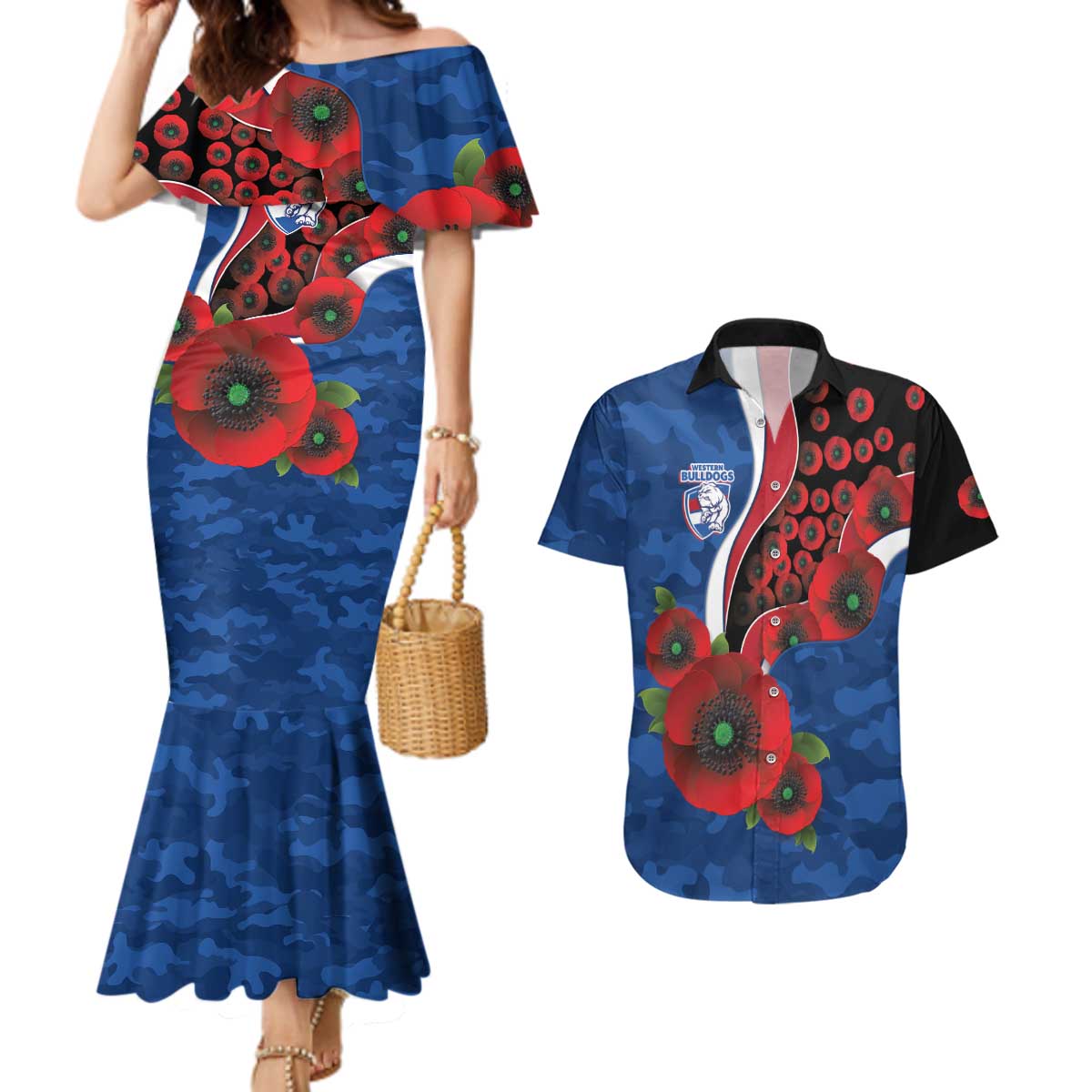 Western Bulldogs ANZAC Personalised Couples Matching Mermaid Dress and Hawaiian Shirt Lest We Forget Poppy Camo