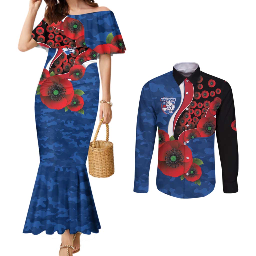 Western Bulldogs ANZAC Personalised Couples Matching Mermaid Dress and Long Sleeve Button Shirt Lest We Forget Poppy Camo